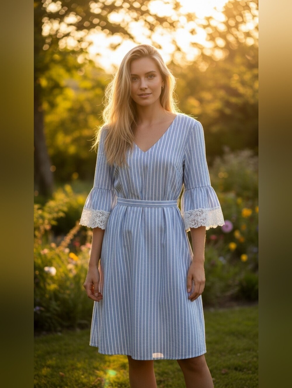 Westport Blue and White Striped Lace-Trim Midi Dress - Picture 1 of 12